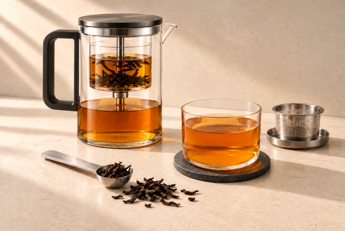 Glass tea brewer and a cup of amber tea with loose tea leaves and a metal strainer.