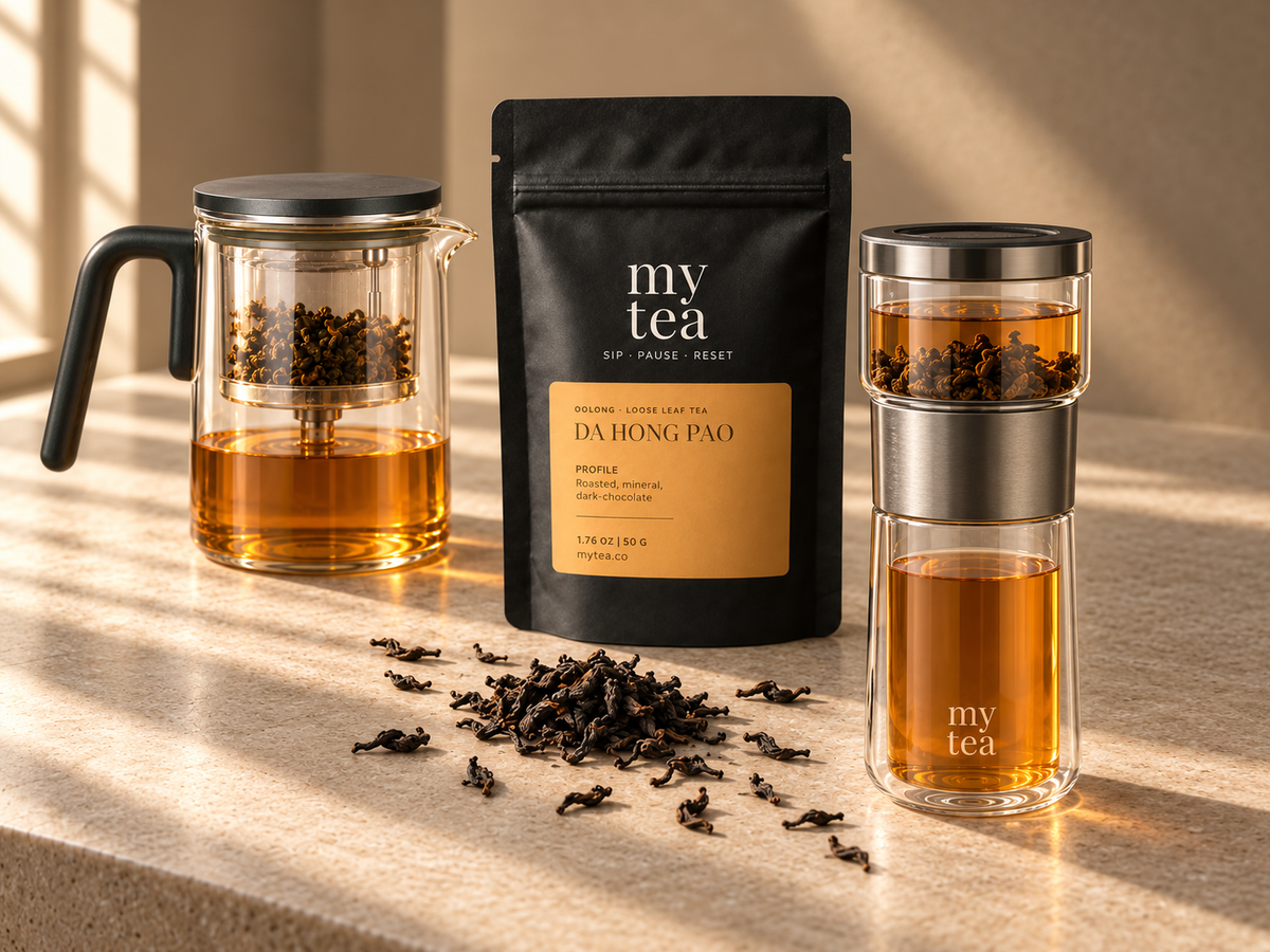 Glass teapot, Da Hong Pao tea pouch and glass tea tumbler
