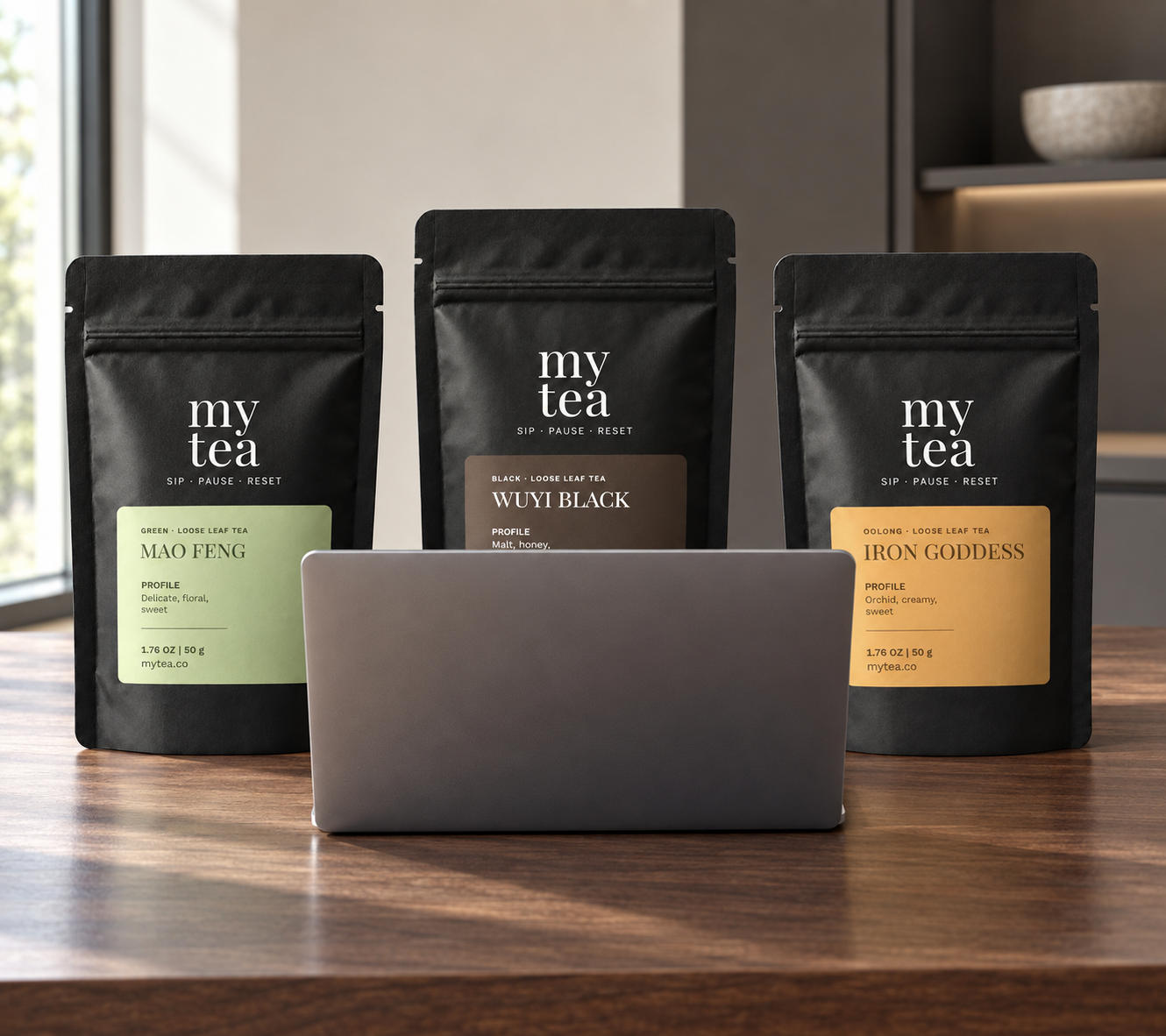 Tea, notebook and loose leaf samples