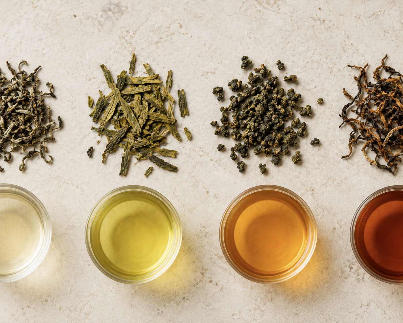 Four tea types shown as dry leaves and brewed cups